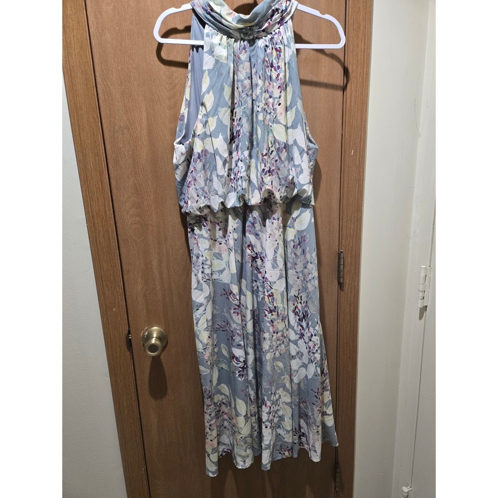 Adrianna Papell Floral Halter Midi Dress Women 14 Blue Good Chiffon Blouson